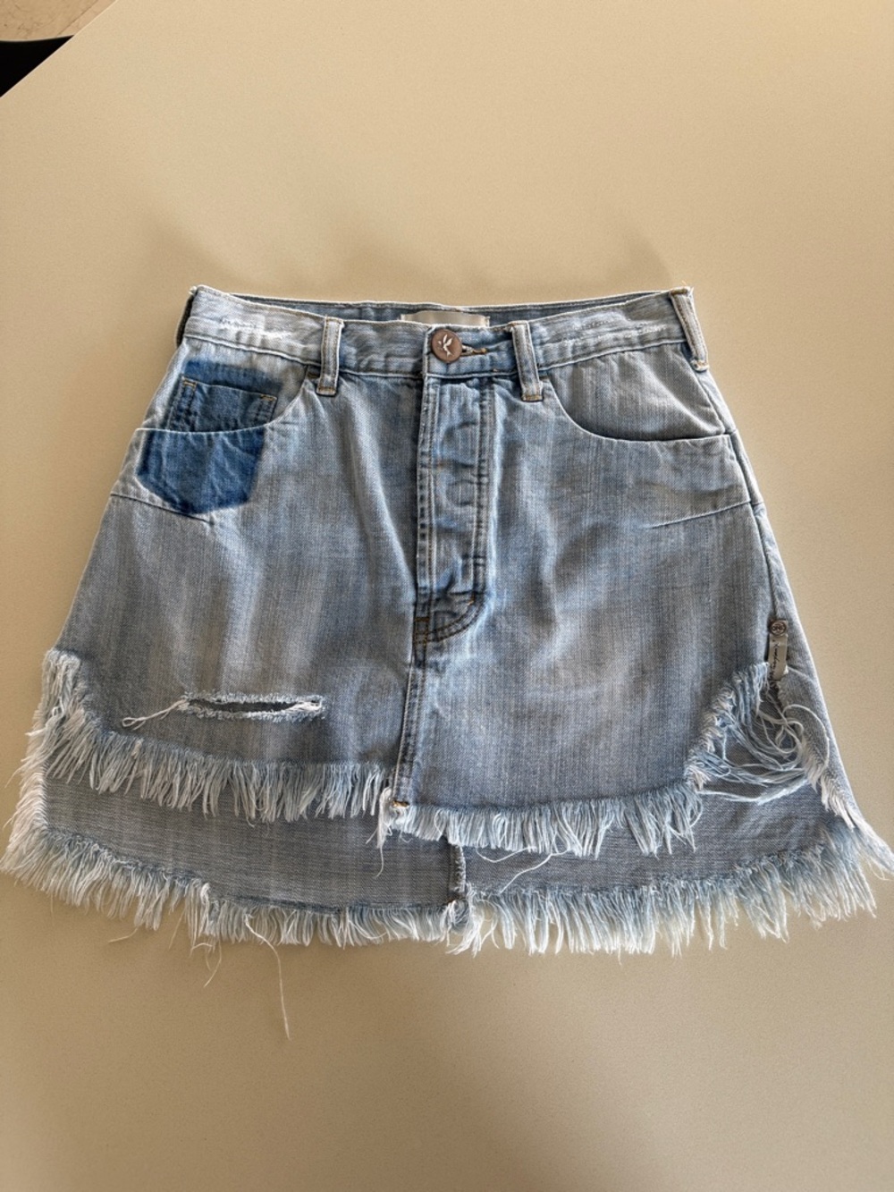 One Teaspoon Light Blue Distressed Denim Mini Skirt